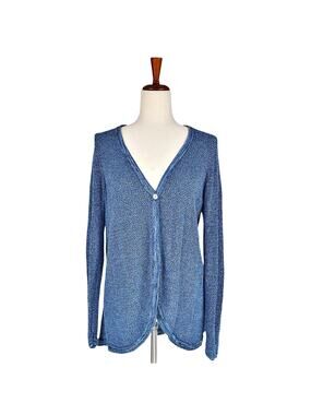FOXCROFT Quinn Tulip Hem Single-Button V-Neck Cardigan in Blue Size M